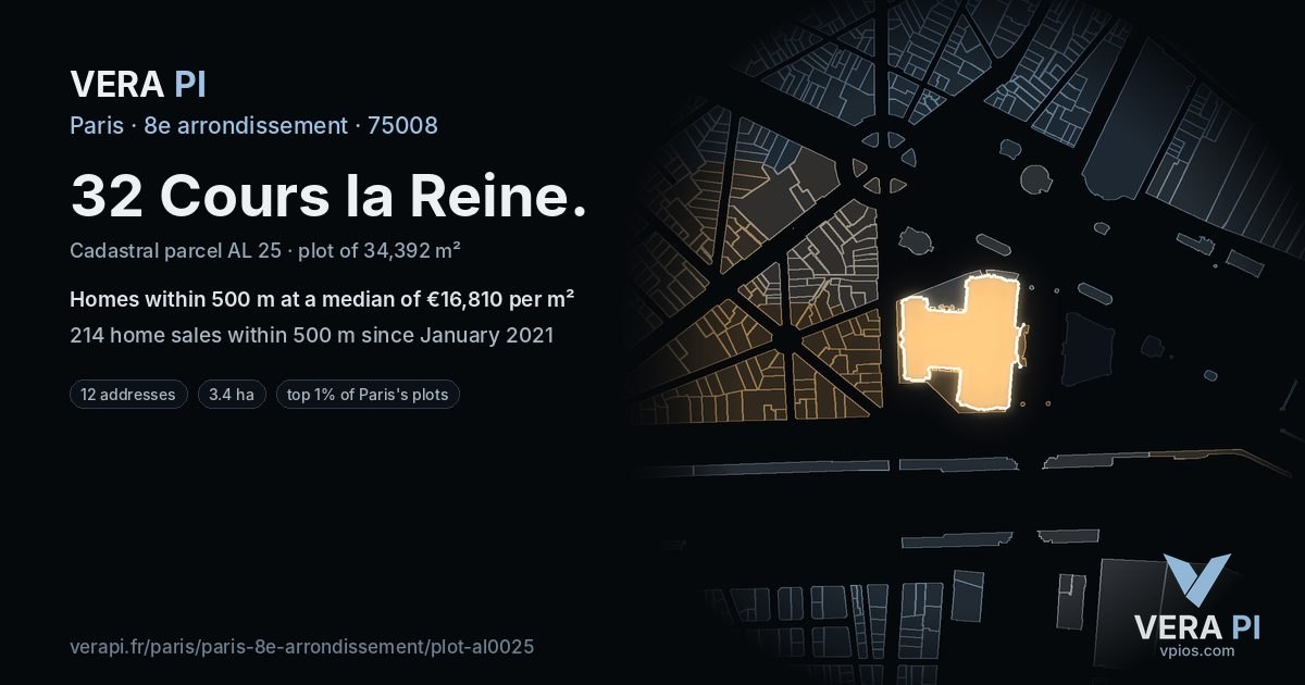 32 Cours la Reine, 8e arrondissement at night – the plot lit, the parcels around coloured by the prices near them