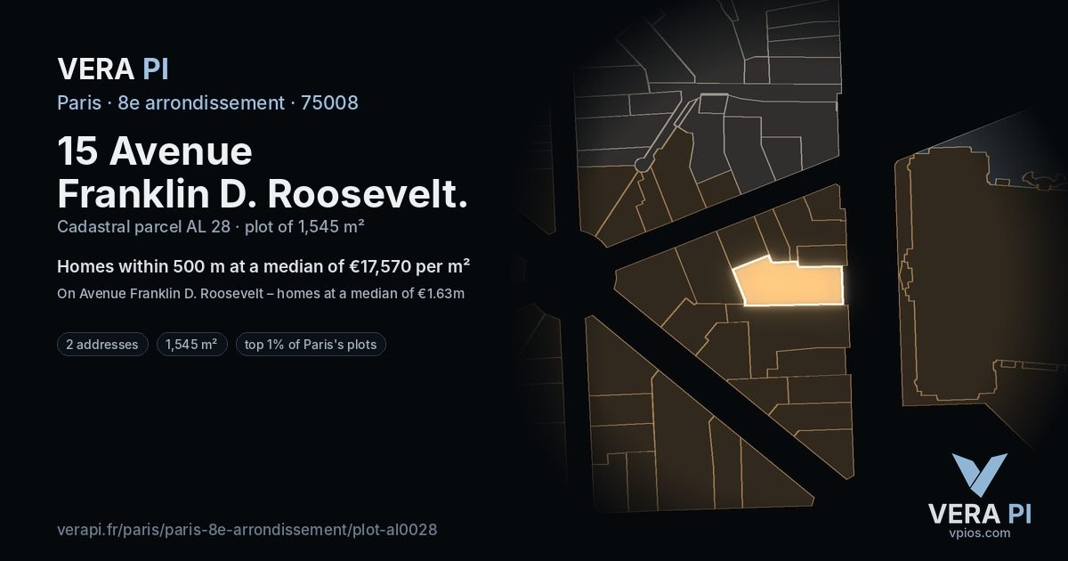 15 Avenue Franklin D. Roosevelt, 8e arrondissement at night – the plot lit, the parcels around coloured by the prices near them
