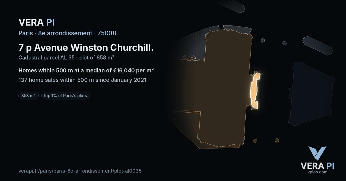 7 p Avenue Winston Churchill, 8e arrondissement at night – the plot lit, the parcels around coloured by the prices near them