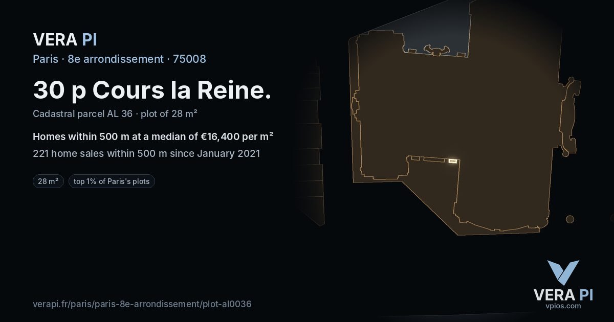 30 p Cours la Reine, 8e arrondissement at night – the plot lit, the parcels around coloured by the prices near them