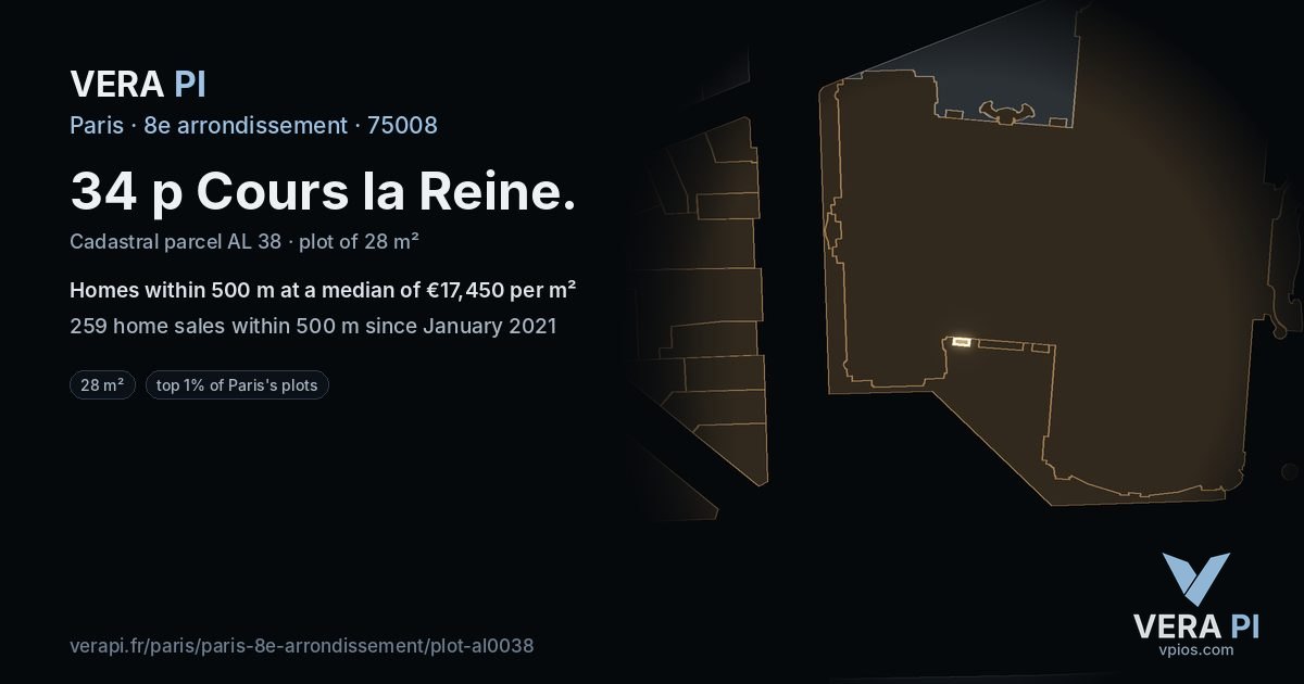 34 p Cours la Reine, 8e arrondissement at night – the plot lit, the parcels around coloured by the prices near them