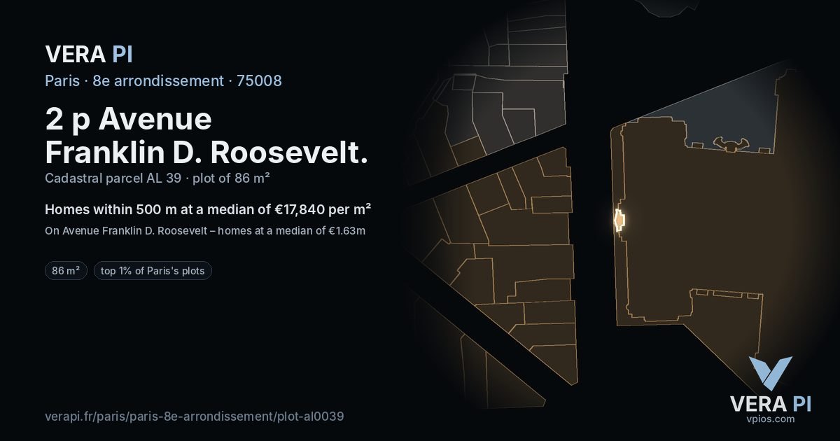 2 p Avenue Franklin D. Roosevelt, 8e arrondissement at night – the plot lit, the parcels around coloured by the prices near them