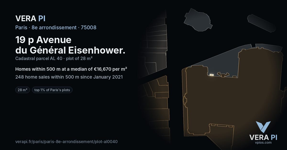19 p Avenue du Général Eisenhower, 8e arrondissement at night – the plot lit, the parcels around coloured by the prices near them