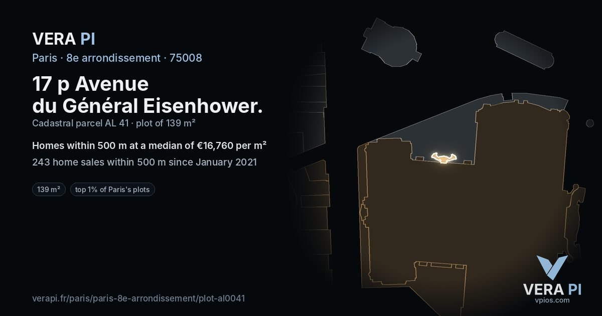 17 p Avenue du Général Eisenhower, 8e arrondissement at night – the plot lit, the parcels around coloured by the prices near them
