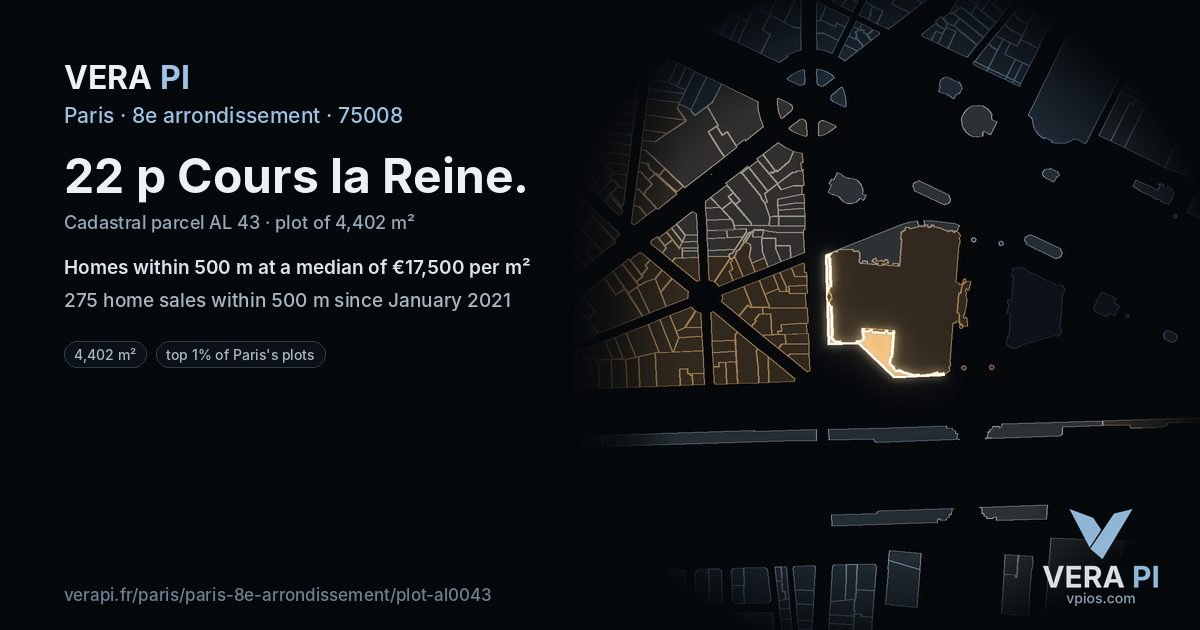 22 p Cours la Reine, 8e arrondissement at night – the plot lit, the parcels around coloured by the prices near them