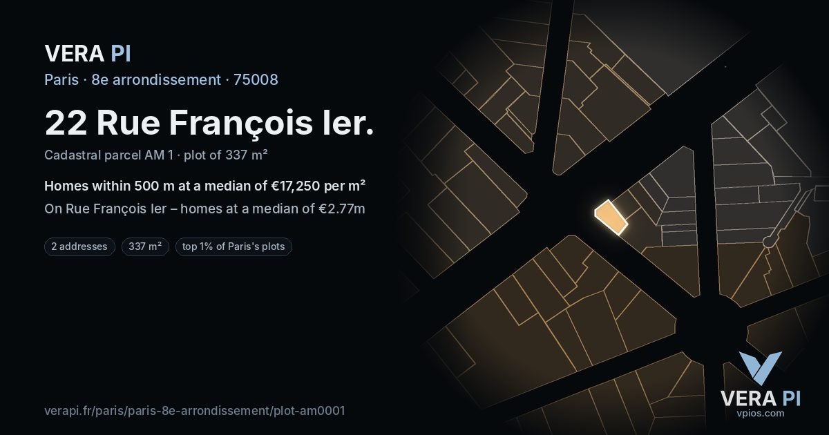 22 Rue François Ier, 8e arrondissement at night – the plot lit, the parcels around coloured by the prices near them