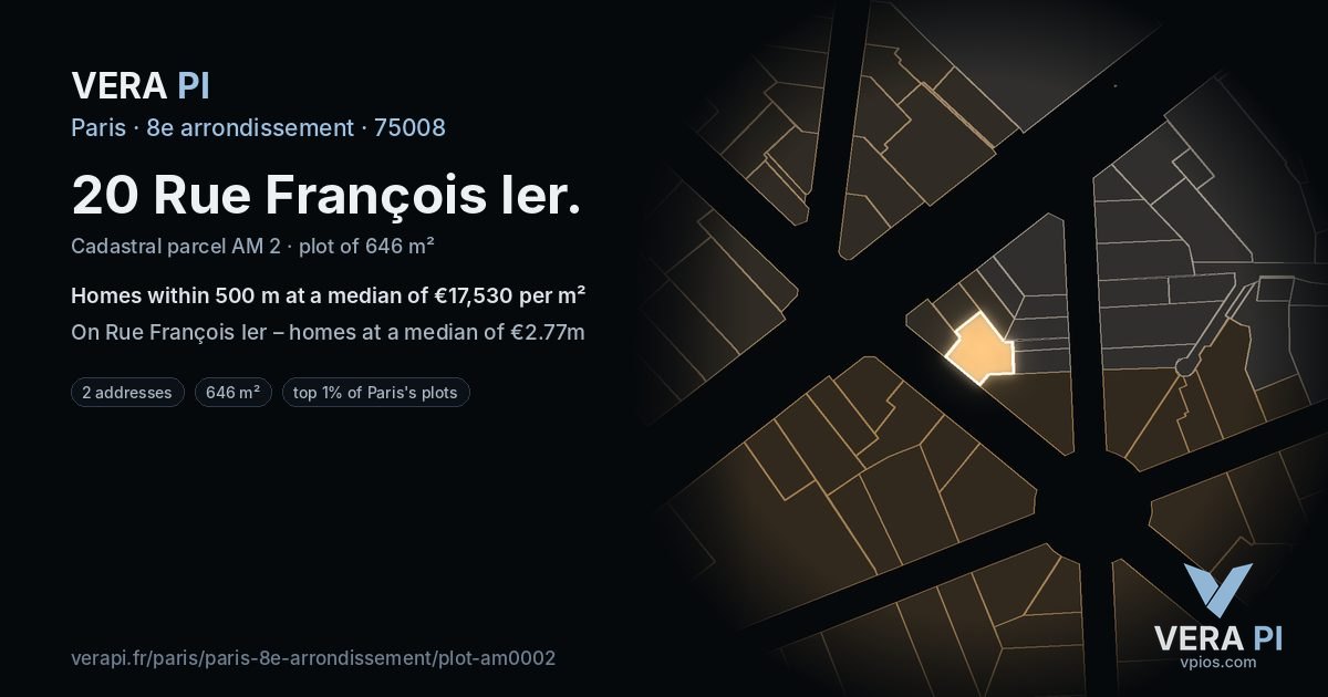 20 Rue François Ier, 8e arrondissement at night – the plot lit, the parcels around coloured by the prices near them