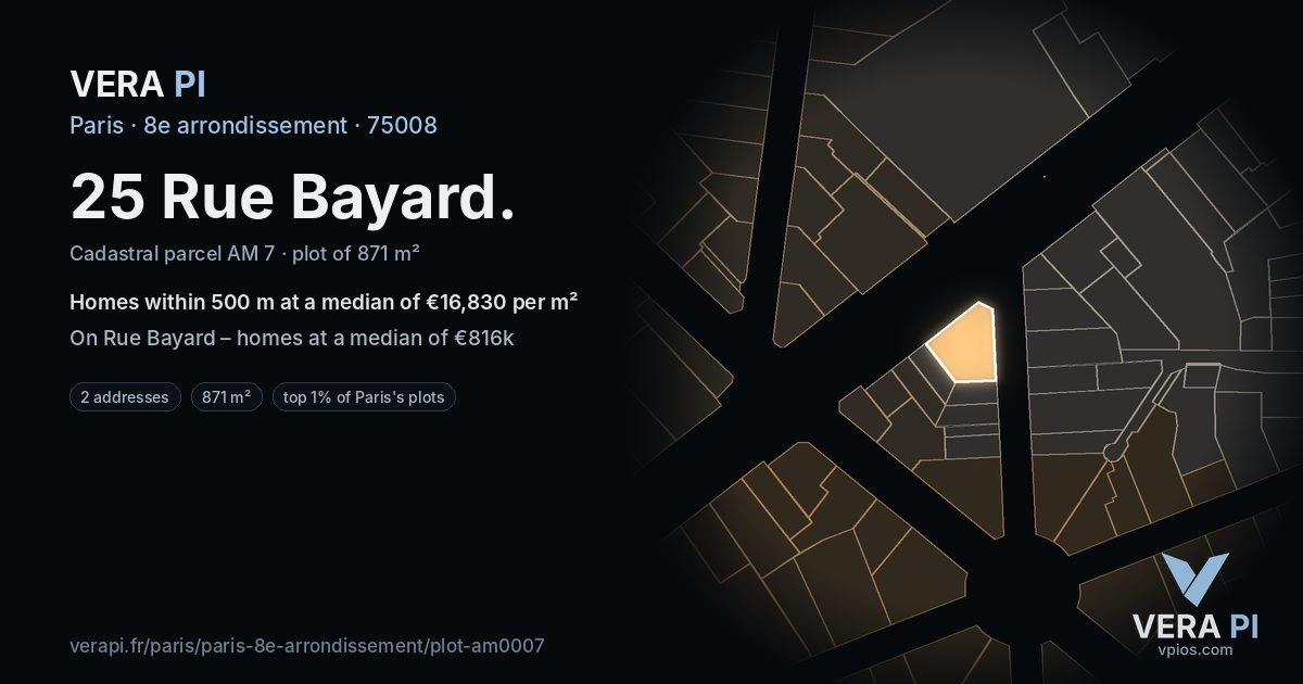 25 Rue Bayard, 8e arrondissement at night – the plot lit, the parcels around coloured by the prices near them