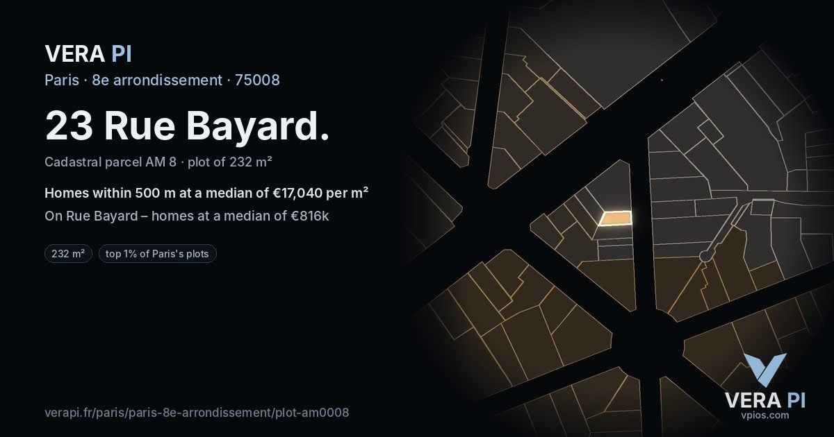 23 Rue Bayard, 8e arrondissement at night – the plot lit, the parcels around coloured by the prices near them