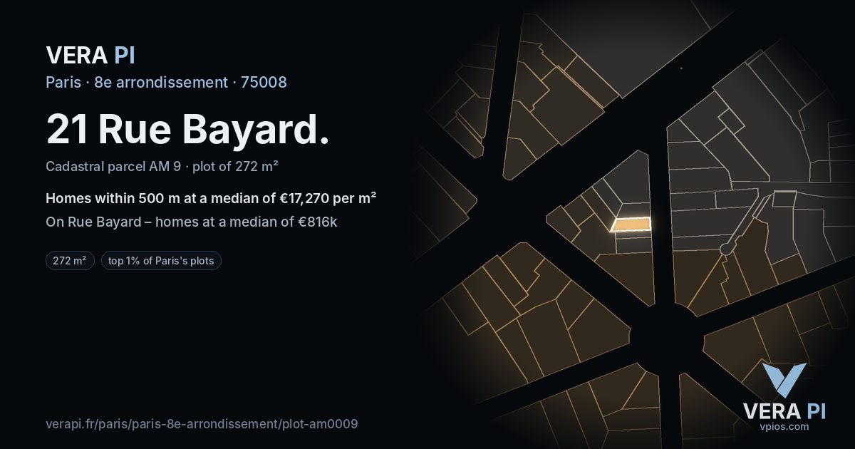 21 Rue Bayard, 8e arrondissement at night – the plot lit, the parcels around coloured by the prices near them