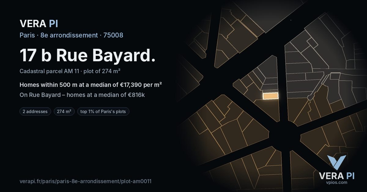 17 b Rue Bayard, 8e arrondissement at night – the plot lit, the parcels around coloured by the prices near them