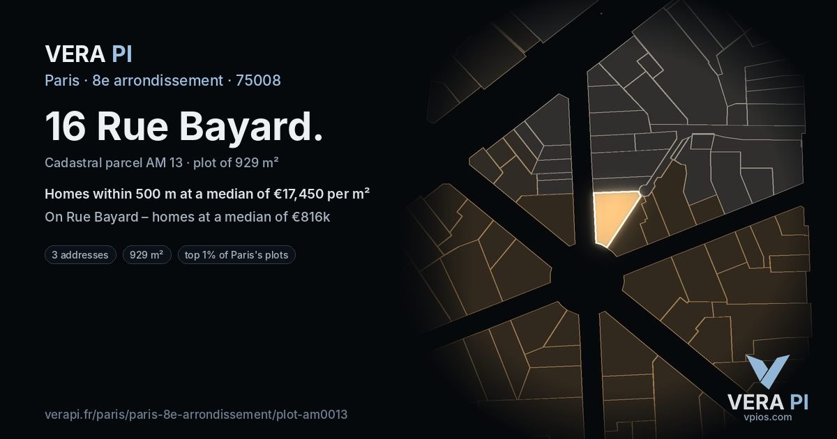 16 Rue Bayard, 8e arrondissement at night – the plot lit, the parcels around coloured by the prices near them