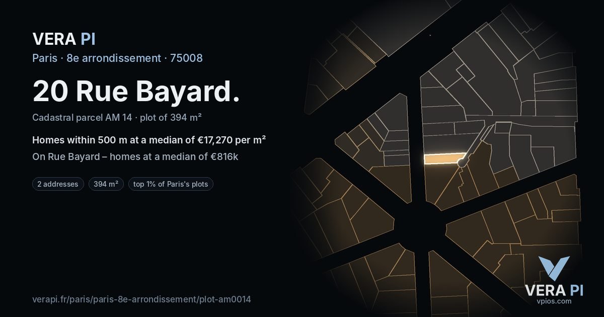 20 Rue Bayard, 8e arrondissement at night – the plot lit, the parcels around coloured by the prices near them