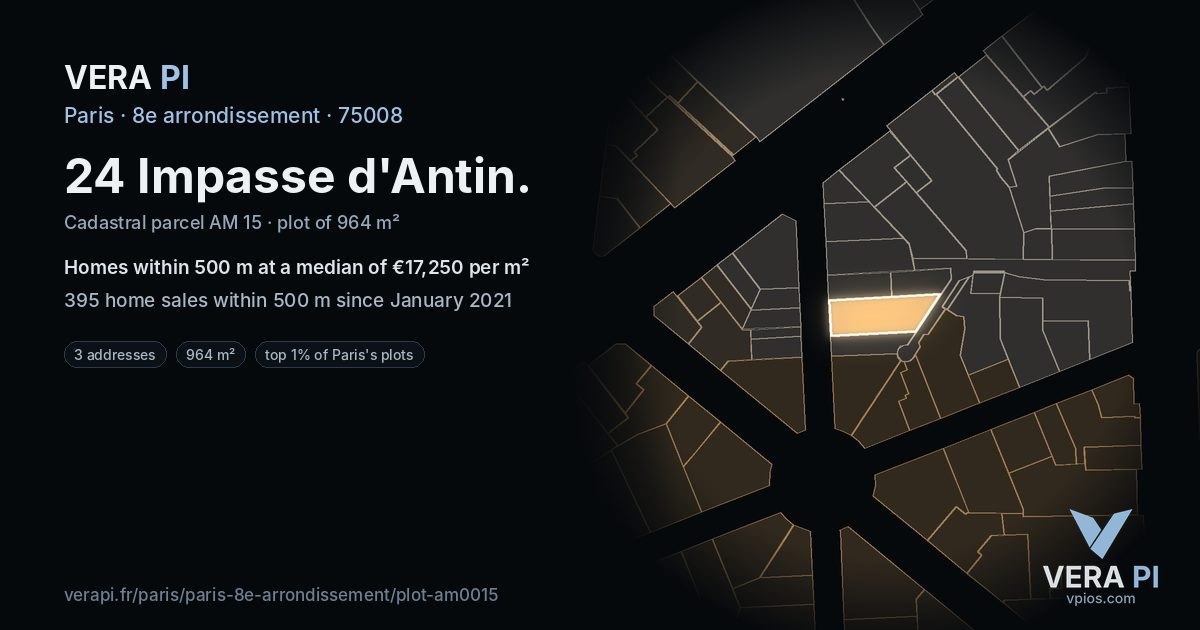 24 Impasse d'Antin, 8e arrondissement at night – the plot lit, the parcels around coloured by the prices near them