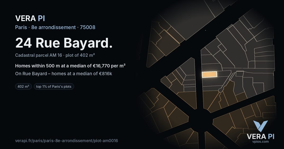 24 Rue Bayard, 8e arrondissement at night – the plot lit, the parcels around coloured by the prices near them