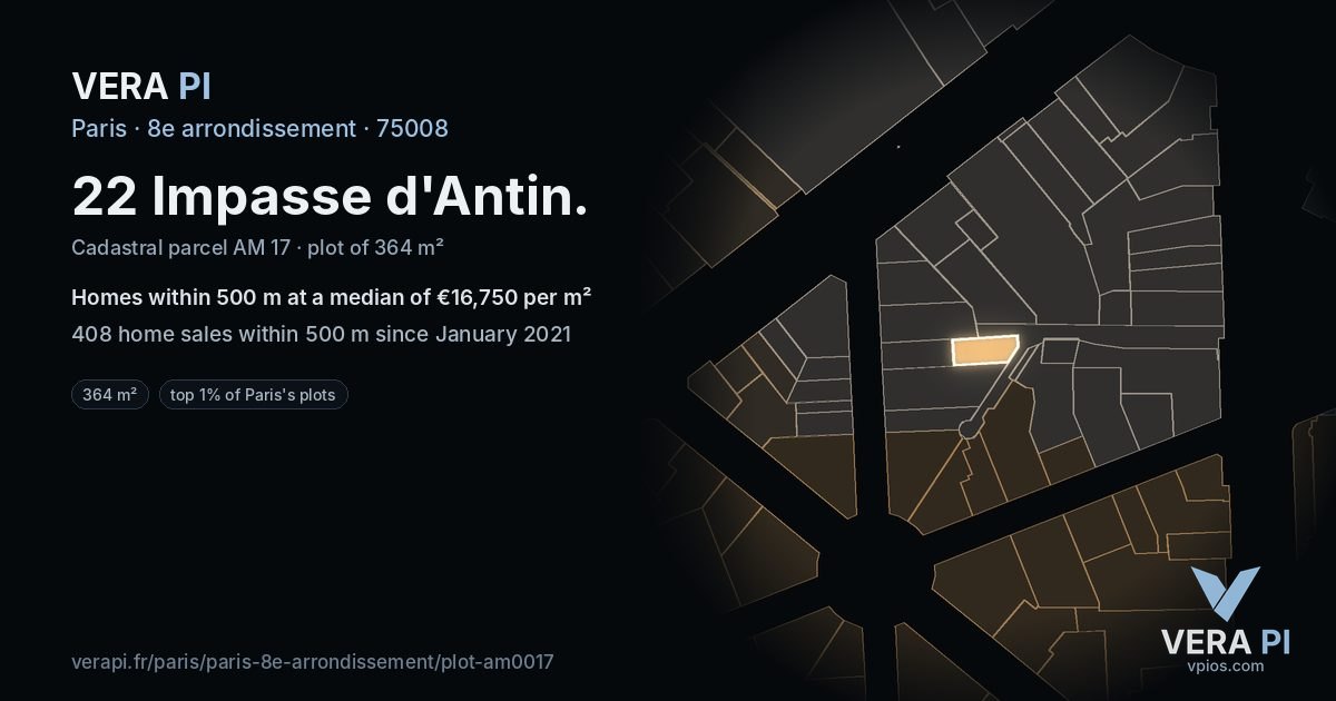 22 Impasse d'Antin, 8e arrondissement at night – the plot lit, the parcels around coloured by the prices near them