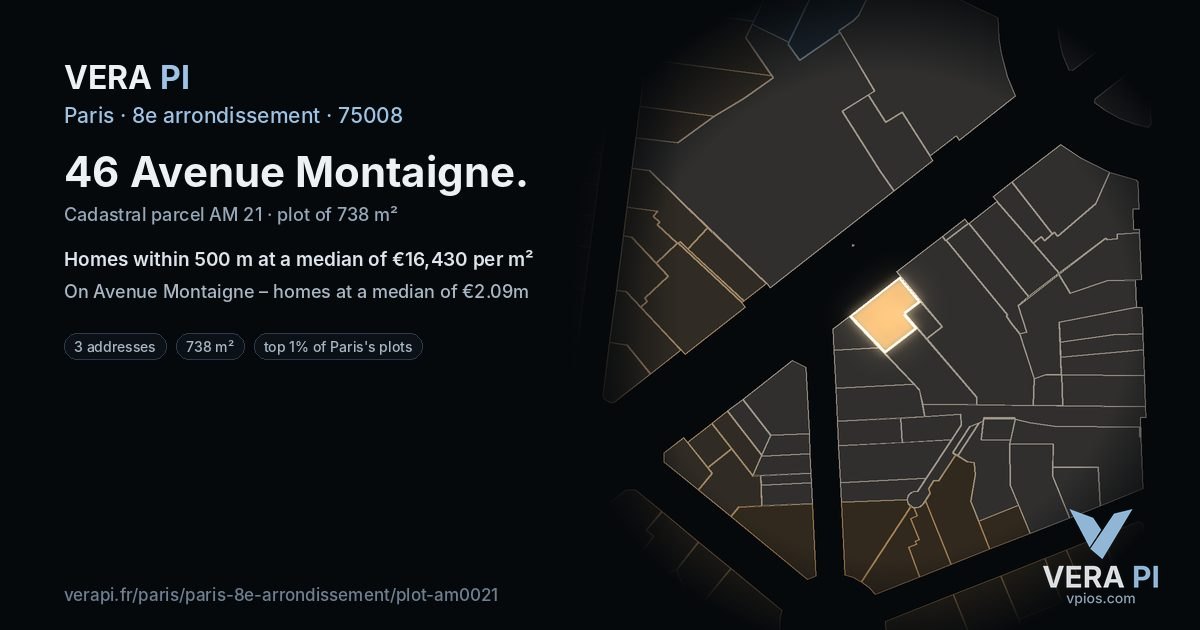 46 Avenue Montaigne, 8e arrondissement at night – the plot lit, the parcels around coloured by the prices near them
