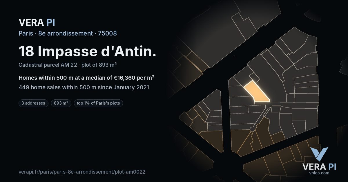 18 Impasse d'Antin, 8e arrondissement at night – the plot lit, the parcels around coloured by the prices near them