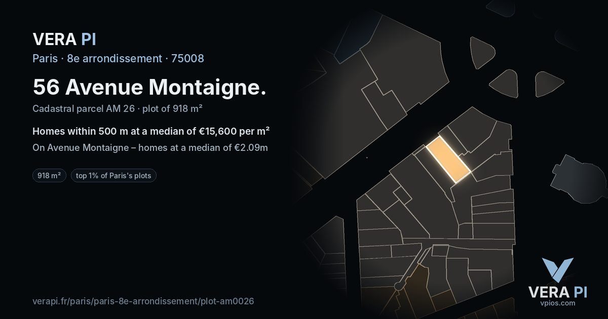 56 Avenue Montaigne, 8e arrondissement at night – the plot lit, the parcels around coloured by the prices near them