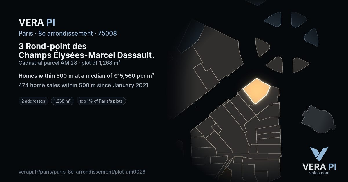 3 Rond-point des Champs Élysées-Marcel Dassault, 8e arrondissement at night – the plot lit, the parcels around coloured by the prices near them