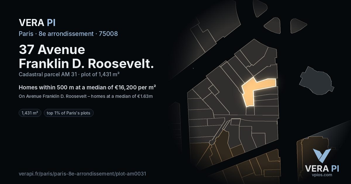 37 Avenue Franklin D. Roosevelt, 8e arrondissement at night – the plot lit, the parcels around coloured by the prices near them