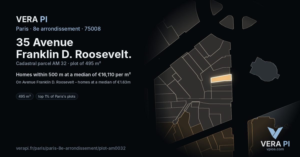 35 Avenue Franklin D. Roosevelt, 8e arrondissement at night – the plot lit, the parcels around coloured by the prices near them