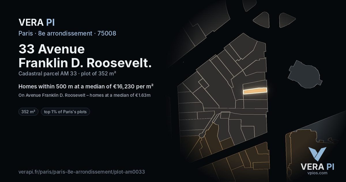 33 Avenue Franklin D. Roosevelt, 8e arrondissement at night – the plot lit, the parcels around coloured by the prices near them