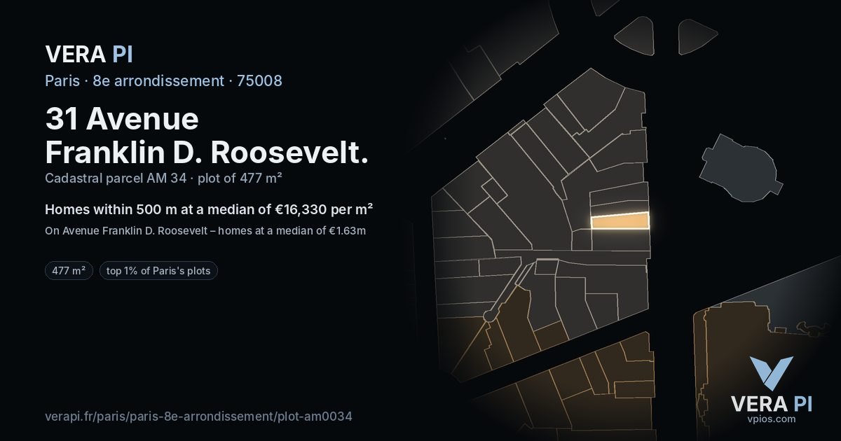 31 Avenue Franklin D. Roosevelt, 8e arrondissement at night – the plot lit, the parcels around coloured by the prices near them