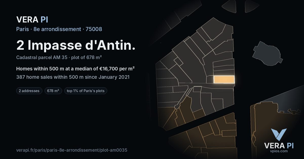 2 Impasse d'Antin, 8e arrondissement at night – the plot lit, the parcels around coloured by the prices near them