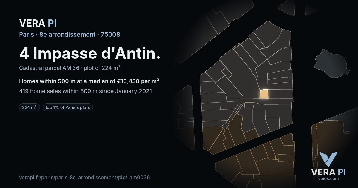 4 Impasse d'Antin, 8e arrondissement at night – the plot lit, the parcels around coloured by the prices near them
