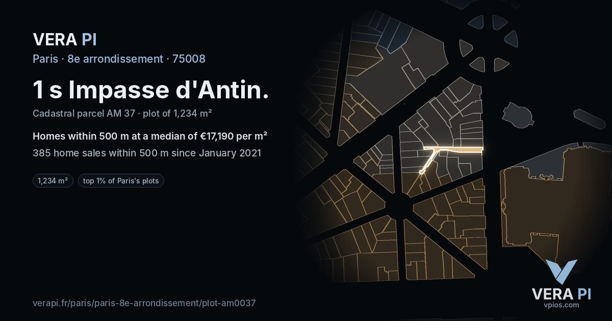 1 s Impasse d'Antin, 8e arrondissement at night – the plot lit, the parcels around coloured by the prices near them