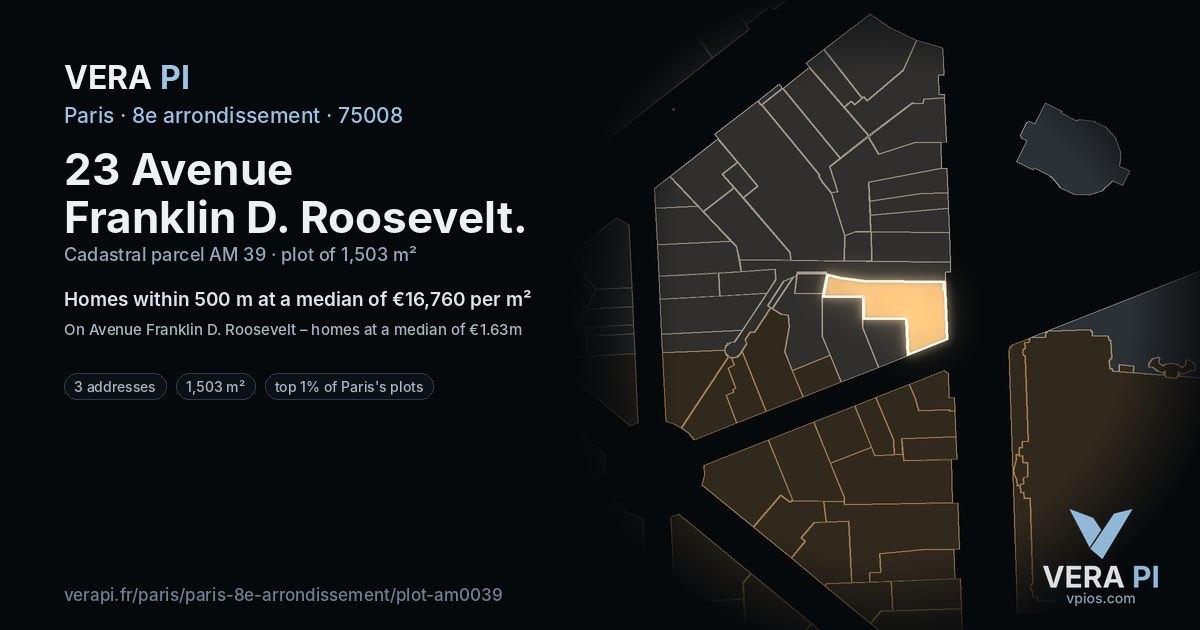 23 Avenue Franklin D. Roosevelt, 8e arrondissement at night – the plot lit, the parcels around coloured by the prices near them