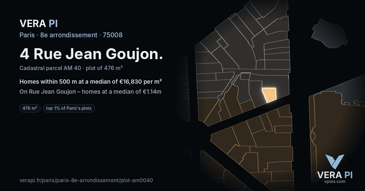 4 Rue Jean Goujon, 8e arrondissement at night – the plot lit, the parcels around coloured by the prices near them