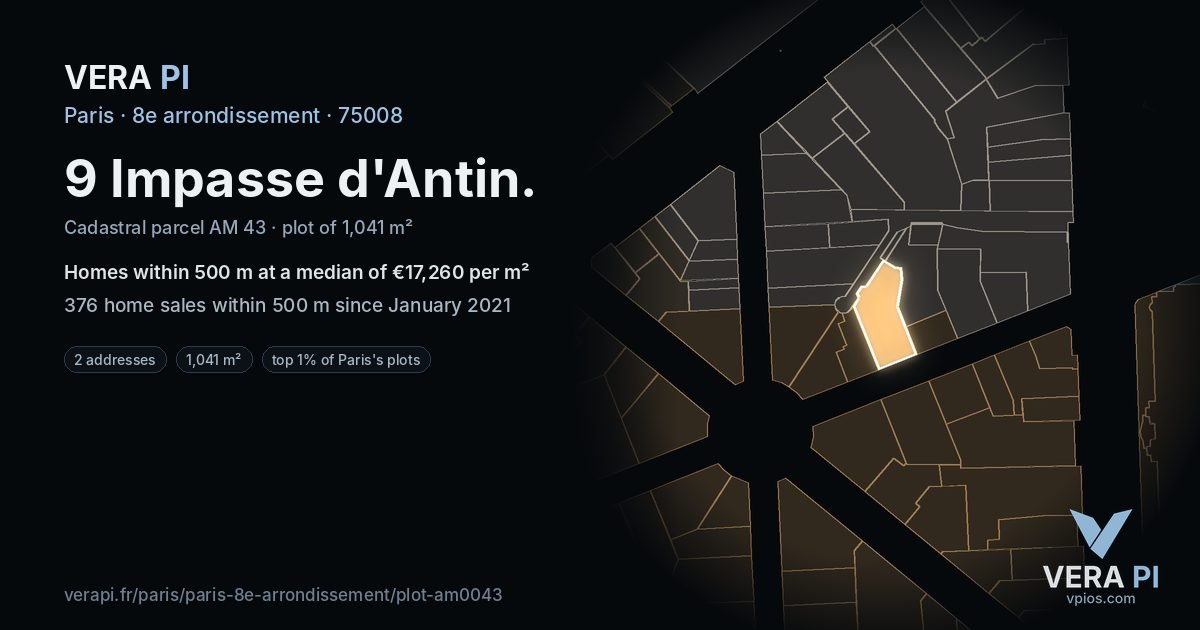 9 Impasse d'Antin, 8e arrondissement at night – the plot lit, the parcels around coloured by the prices near them