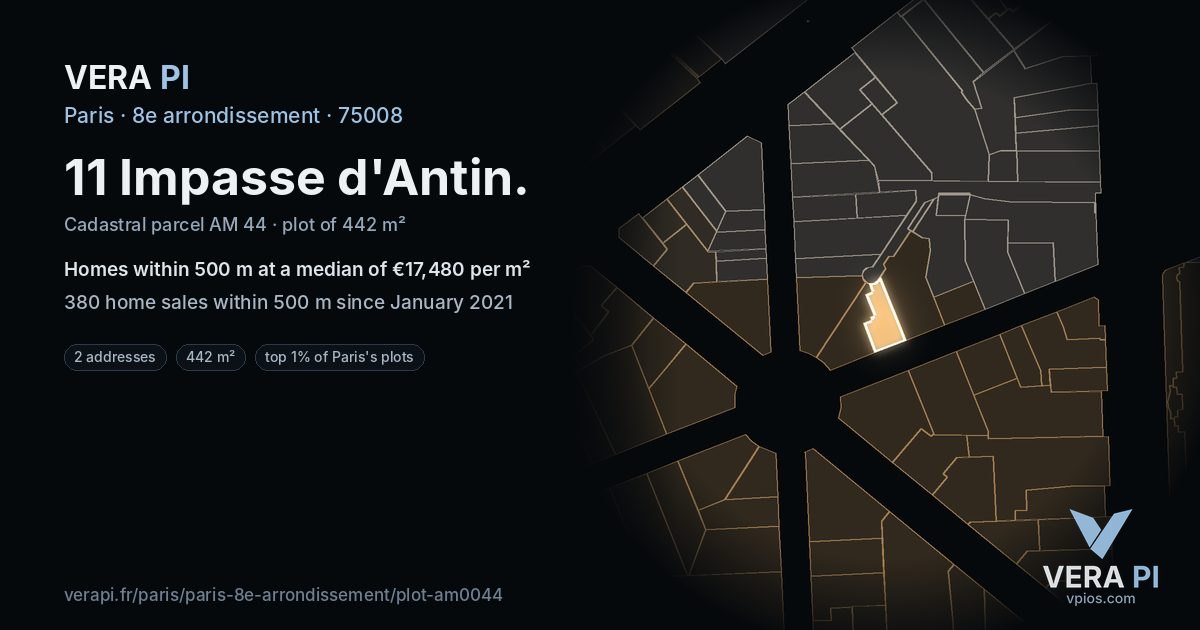 11 Impasse d'Antin, 8e arrondissement at night – the plot lit, the parcels around coloured by the prices near them