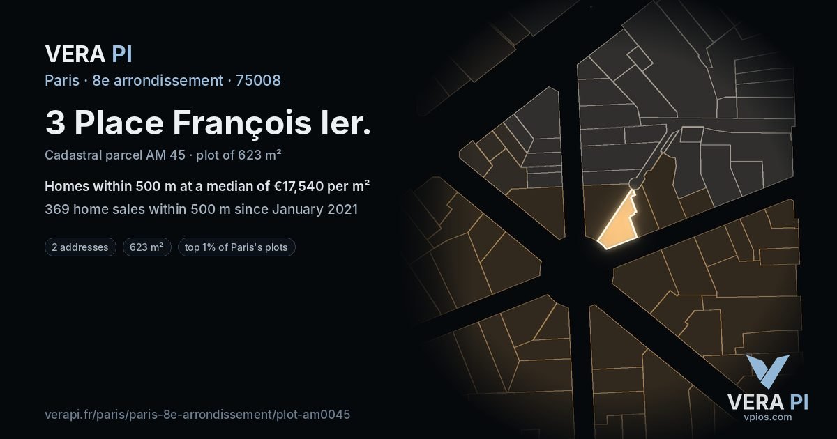 3 Place François Ier, 8e arrondissement at night – the plot lit, the parcels around coloured by the prices near them
