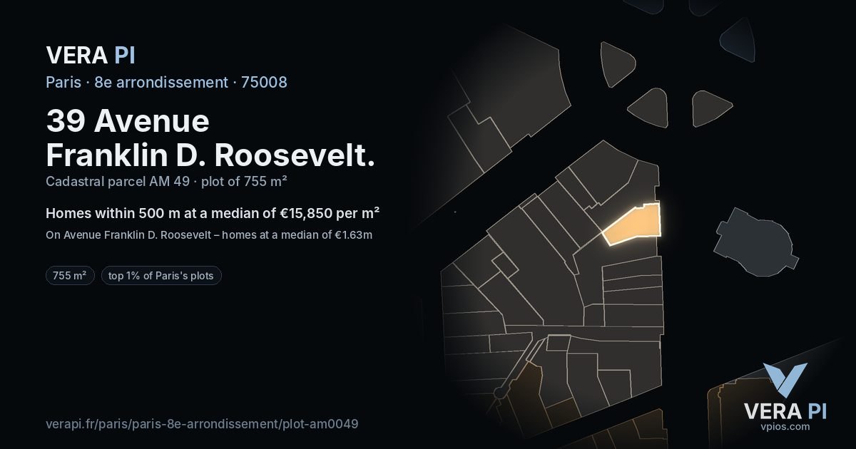 39 Avenue Franklin D. Roosevelt, 8e arrondissement at night – the plot lit, the parcels around coloured by the prices near them