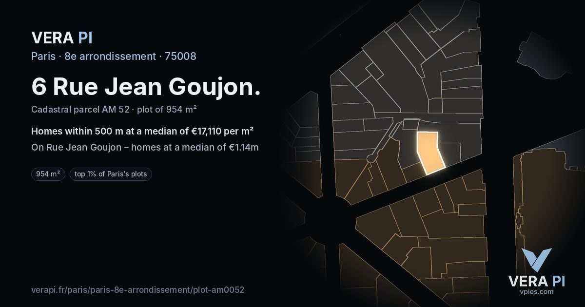 6 Rue Jean Goujon, 8e arrondissement at night – the plot lit, the parcels around coloured by the prices near them