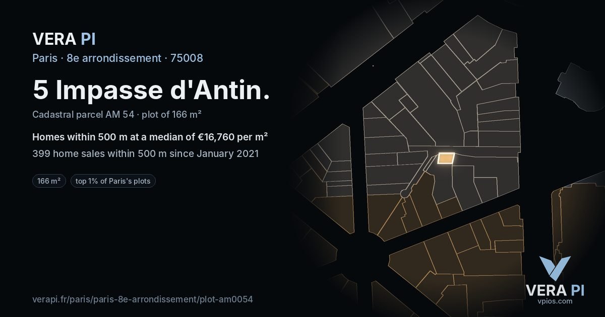 5 Impasse d'Antin, 8e arrondissement at night – the plot lit, the parcels around coloured by the prices near them