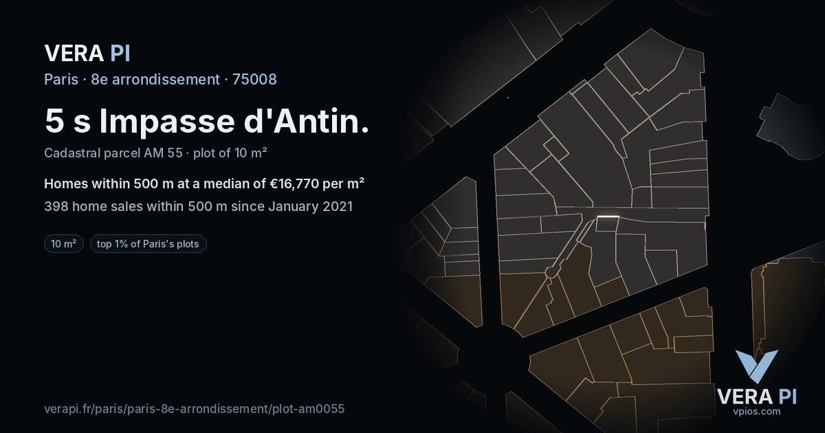 5 s Impasse d'Antin, 8e arrondissement at night – the plot lit, the parcels around coloured by the prices near them