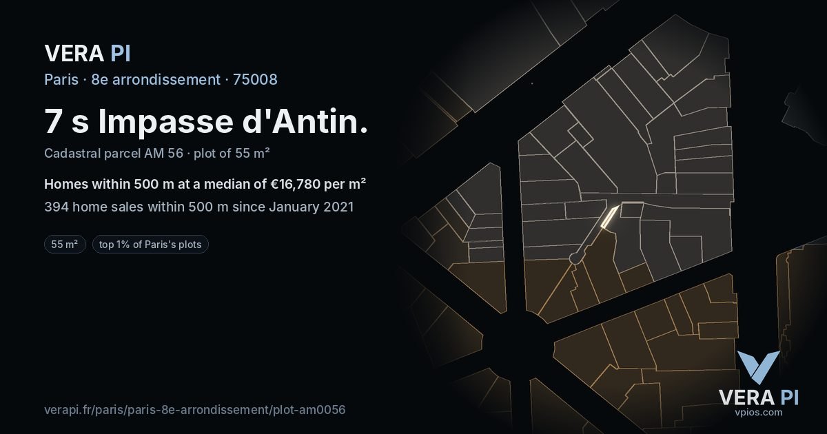 7 s Impasse d'Antin, 8e arrondissement at night – the plot lit, the parcels around coloured by the prices near them