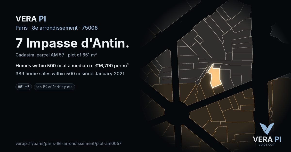 7 Impasse d'Antin, 8e arrondissement at night – the plot lit, the parcels around coloured by the prices near them