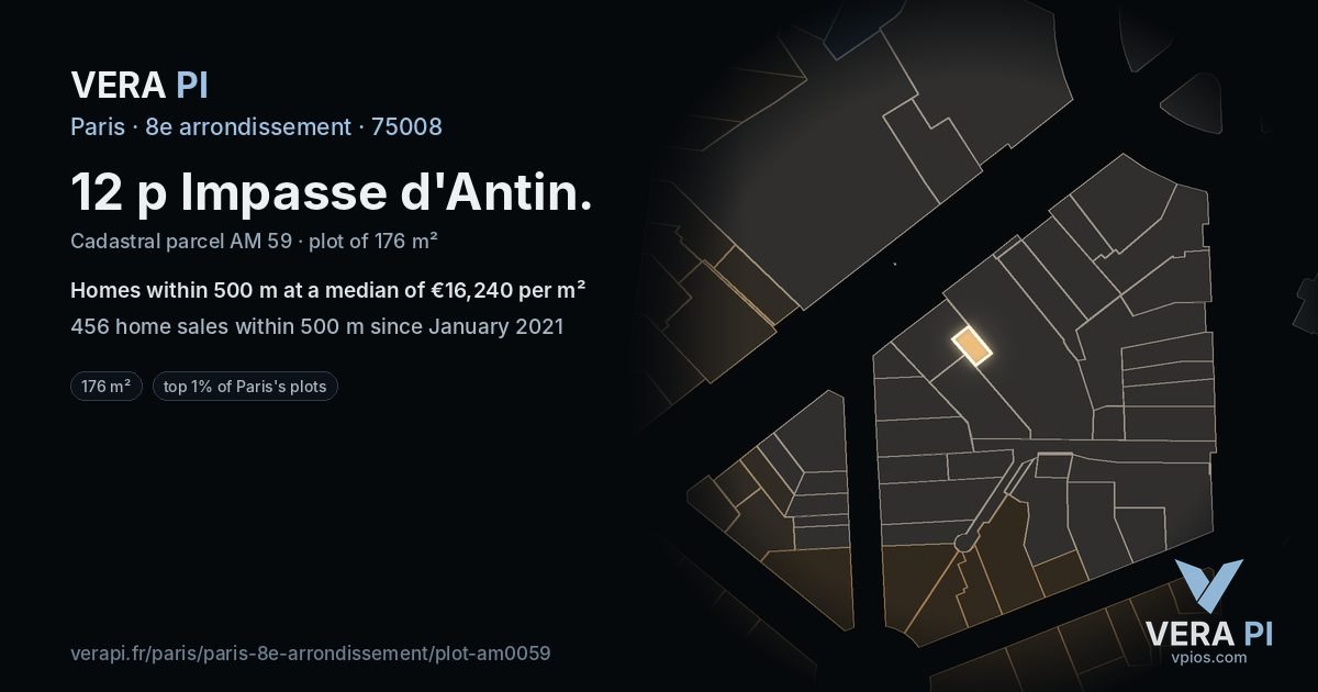 12 p Impasse d'Antin, 8e arrondissement at night – the plot lit, the parcels around coloured by the prices near them