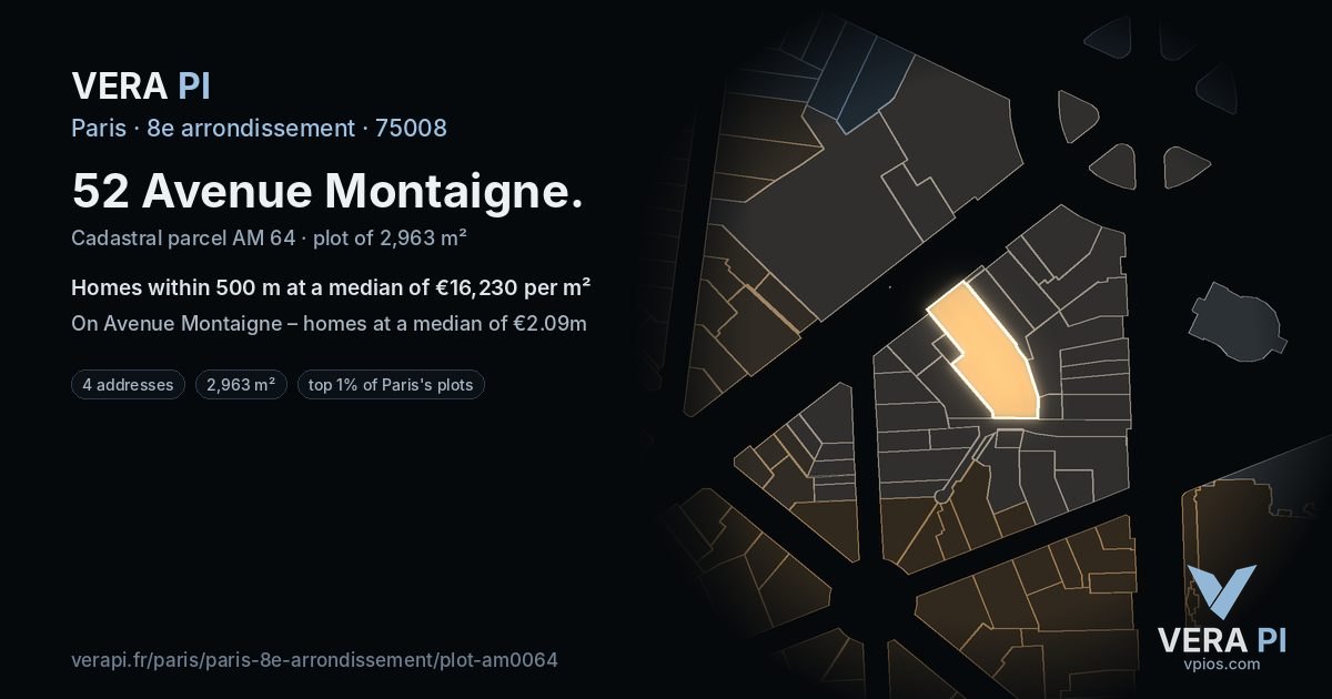 52 Avenue Montaigne, 8e arrondissement at night – the plot lit, the parcels around coloured by the prices near them
