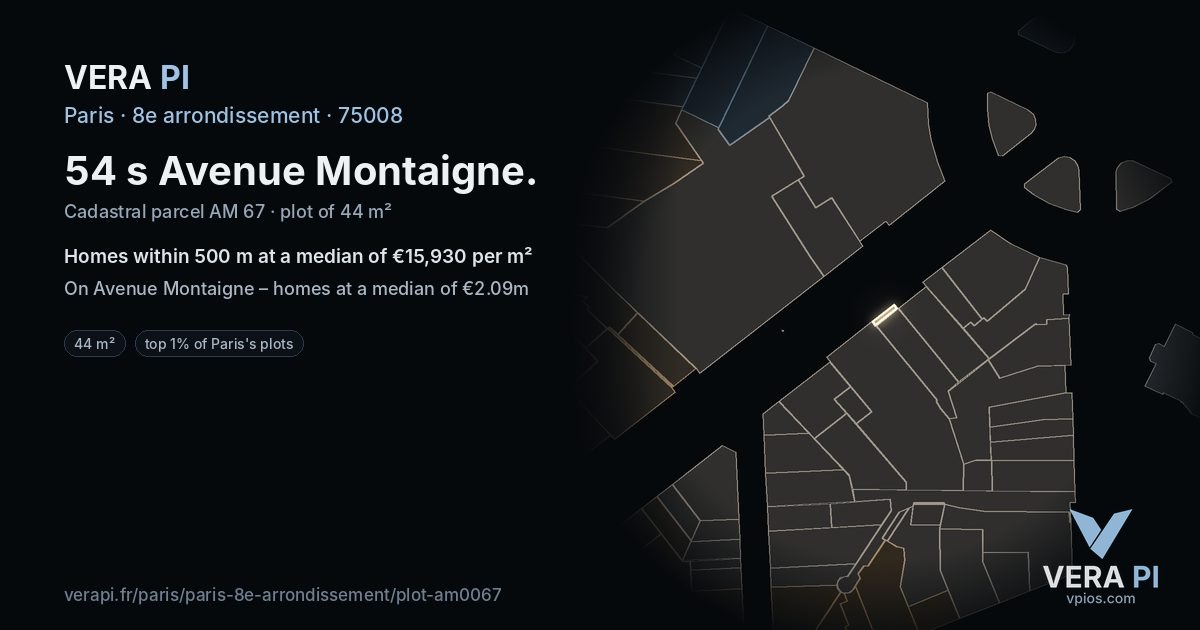 54 s Avenue Montaigne, 8e arrondissement at night – the plot lit, the parcels around coloured by the prices near them