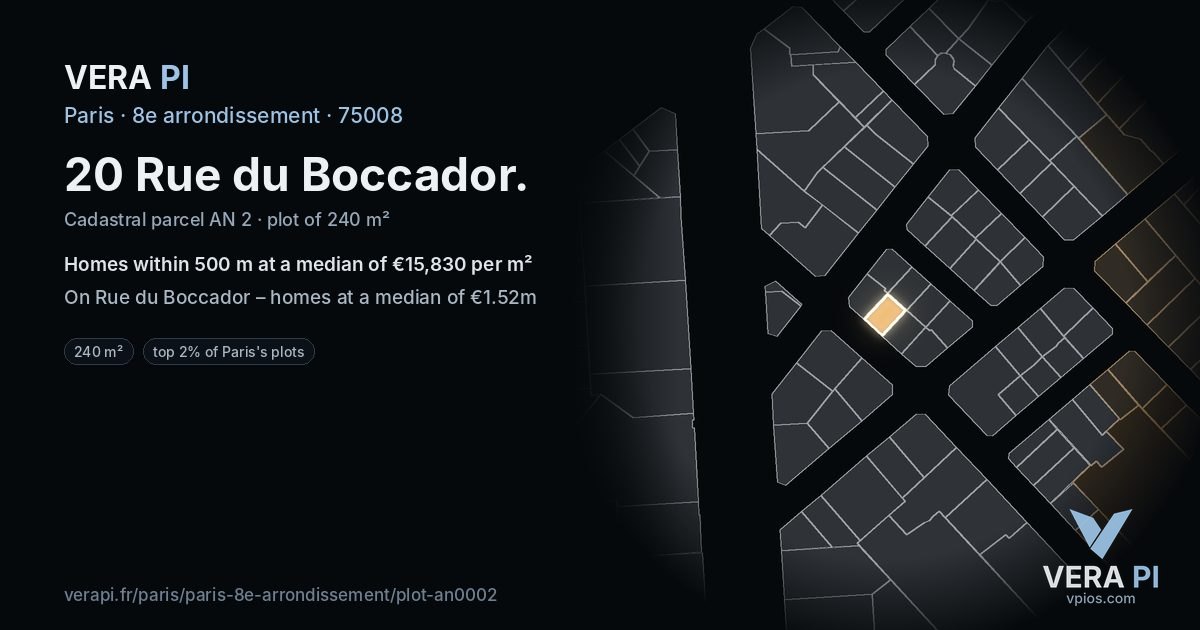 20 Rue du Boccador, 8e arrondissement at night – the plot lit, the parcels around coloured by the prices near them