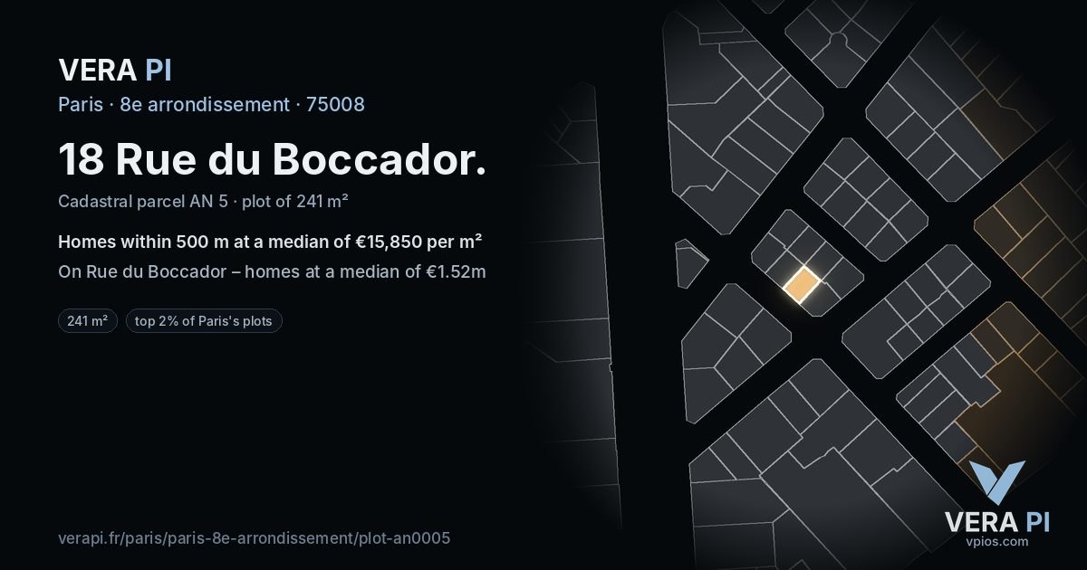 18 Rue du Boccador, 8e arrondissement at night – the plot lit, the parcels around coloured by the prices near them