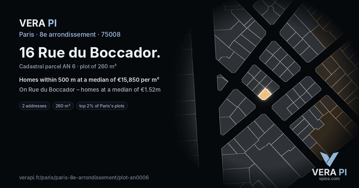 16 Rue du Boccador, 8e arrondissement at night – the plot lit, the parcels around coloured by the prices near them