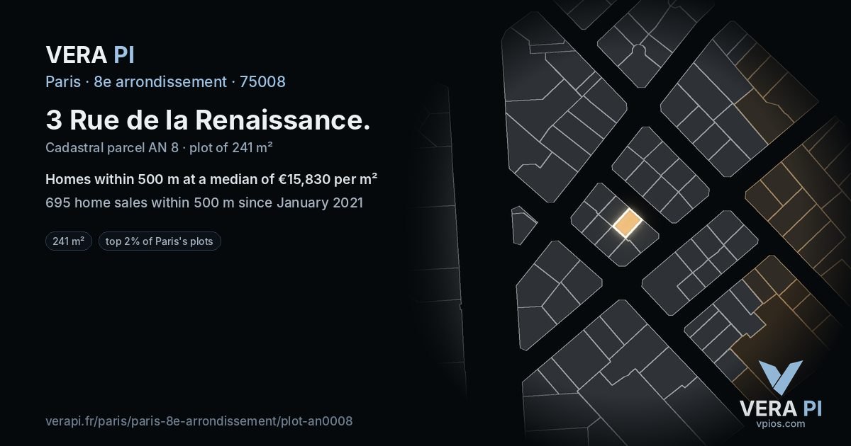 3 Rue de la Renaissance, 8e arrondissement at night – the plot lit, the parcels around coloured by the prices near them