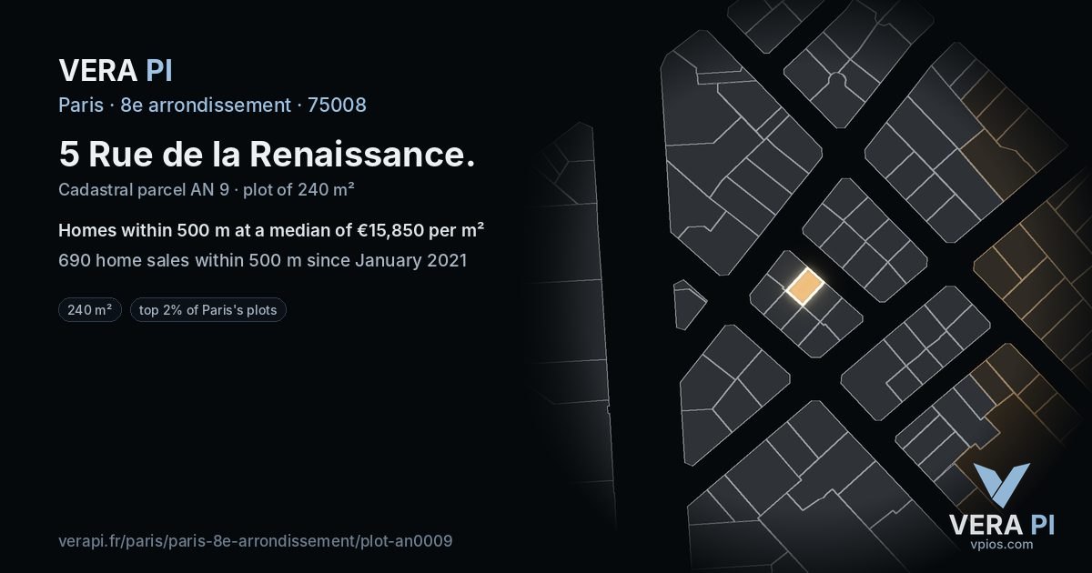 5 Rue de la Renaissance, 8e arrondissement at night – the plot lit, the parcels around coloured by the prices near them